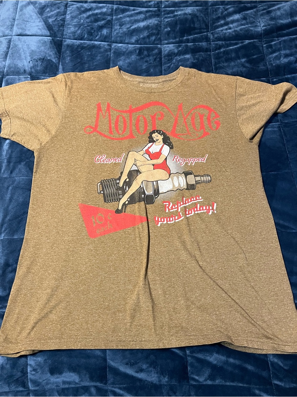 Motor Age Pinup Graphic Tee - Brown with Red & White Print
